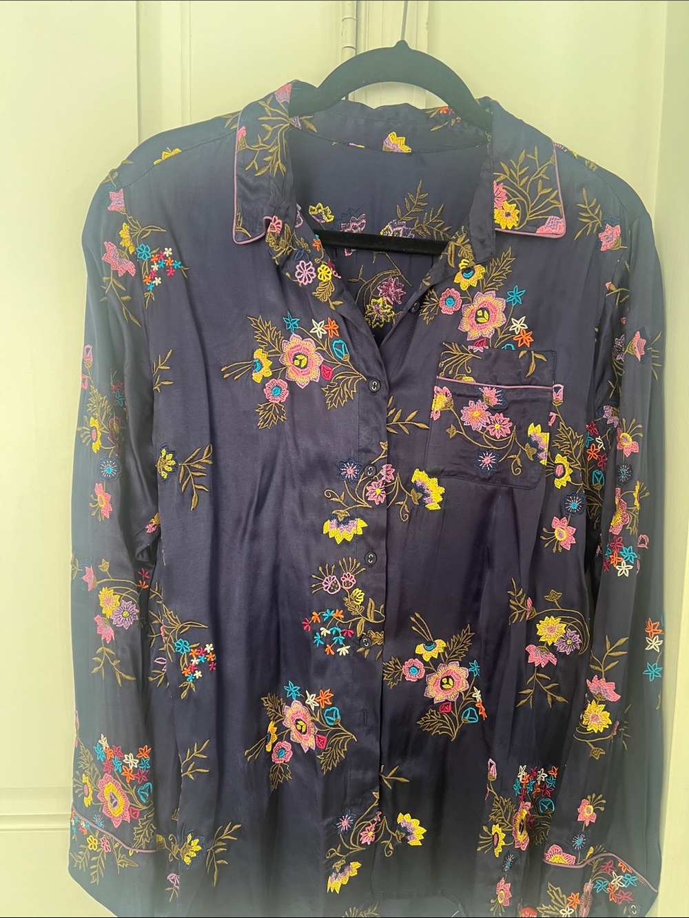 Johnny Was Floral Embroidered Navy Satin Button-Up Top
